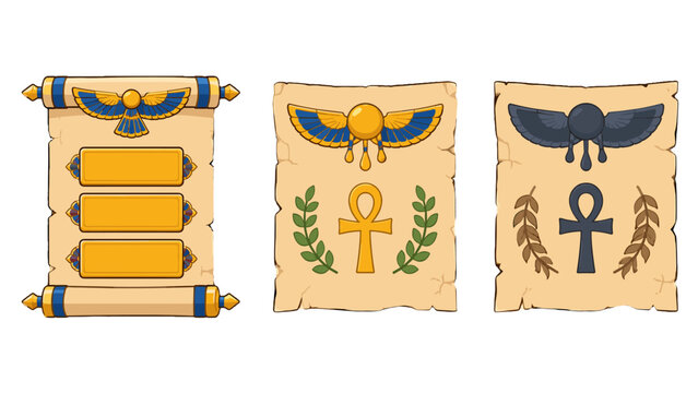 Ancient scroll game interface panels with winged symbol and ankh