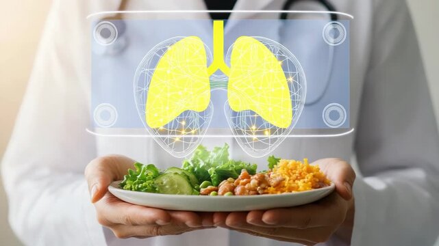 selective focus healthy balanced plate influencing lung function respiratory health nutrition concept close-up
