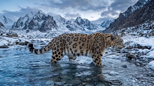 Tracking shot of snow leopard walking across icy stream in alpine mountain valley with overcast dawn light and cold snowy landscape with reflective water