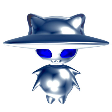Y2K Chrome Alien Cat UFO Character Front View 3D Render Isolated