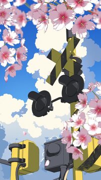 Japanese Railway Crossing Signal with Sakura Blossoms &ndash; Spring Anime Loop 4K