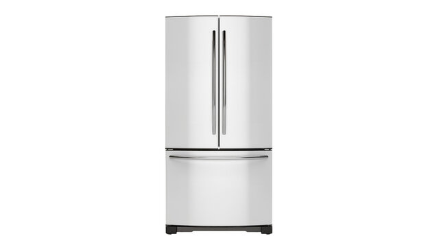 Modern stainless steel French door refrigerator with bottom freezer, isolated on transparent background