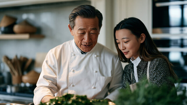A middle-aged Vietnamese man in chef whites teaches his teenage daughter a traditional recipe in a bright modern kitchen, cultural utensils alongside sleek appliances, perfect for