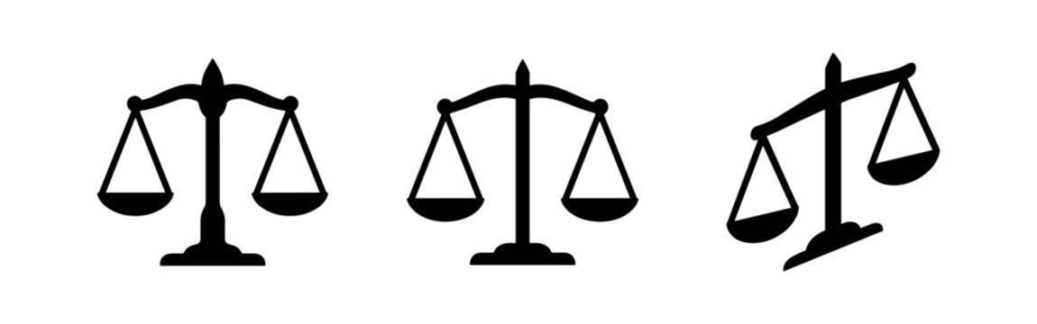 Scales of justice icons set. Law, justice, balance, and legal system symbols. Vector illustration.