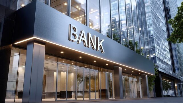 Modern bank building exterior with glass facade and reflective surfaces representing and business corporate finance