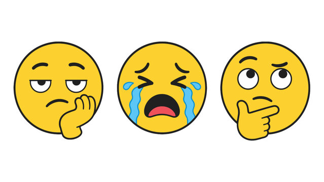 Set of three cartoon face icons with bored, crying and thinking