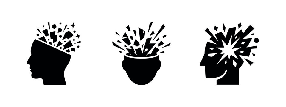 Exploding head and shattered mind icons representing stress, mental breakdown, or creativity