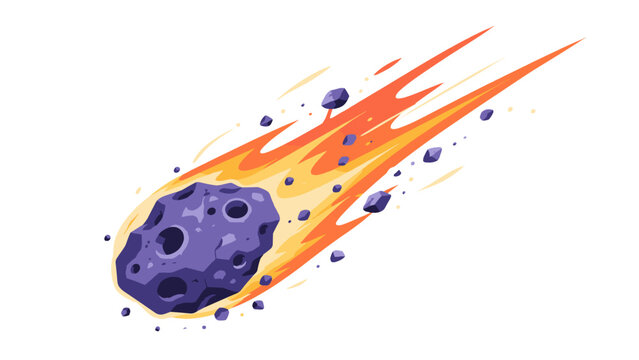 Burning asteroid with fiery trail in cartoon vector style