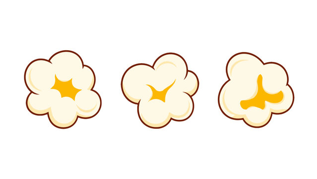 Three popcorn kernels in a simple cartoon vector style
