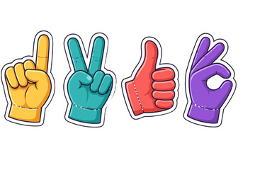 Fototapeta premium Colorful cartoon hand gesture stickers with four fan signs