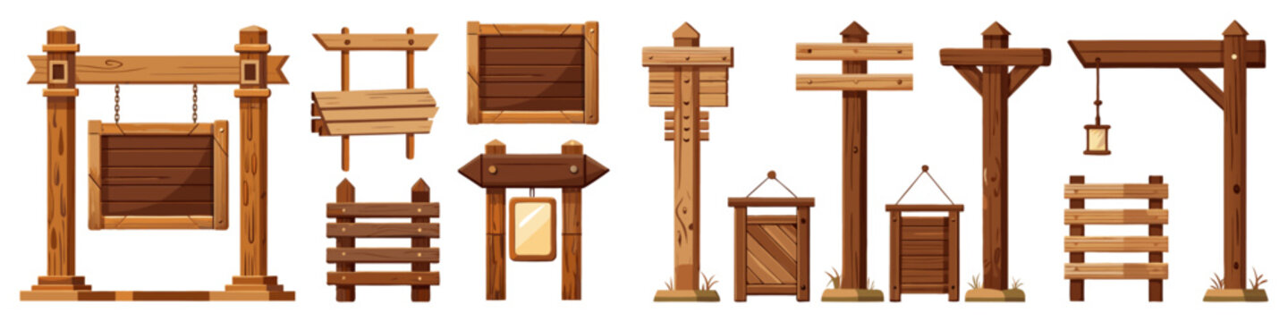 A collection of various rustic wooden signboards, hanging notice frames, directional post templates, and an arched gallows lantern stand for game interfaces.