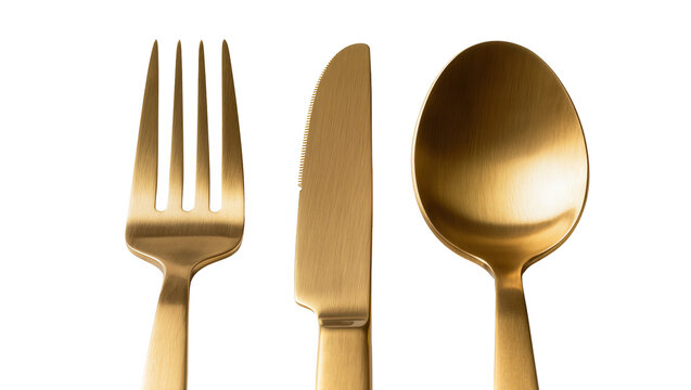 Golden brushed metal fork knife and spoon set, isolated on transparent background