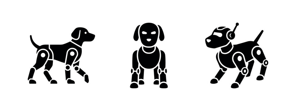 Robotic dog icons set. Pet robot and artificial intelligence vector illustration.