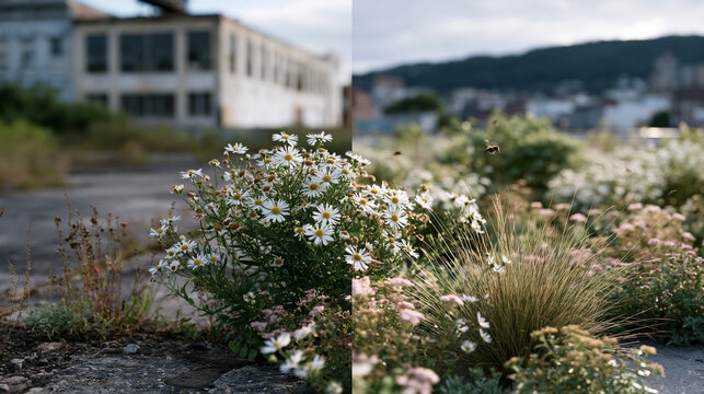 Before and after panels show a scraggly urban lot versus a thriving rooftop pollinator garden in summer solstice sunlight, wildflowers in full bloom, bees mid-flight in the after