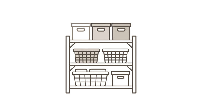 Shelving unit with storage baskets.