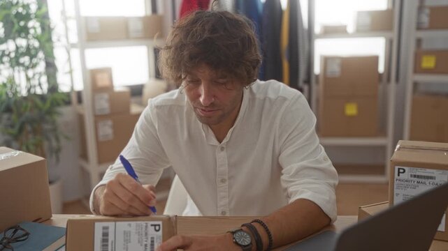 Man writing shipping label on cardboard package at a warehouse packing station with stacked boxes and laptop on desk; small business focused.