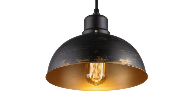 Industrial black metal dome pendant light with gold interior, isolated on transparent background