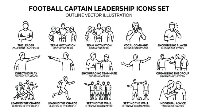 Outline vector set of football captain leadership actions and team motivation coaching gestures
