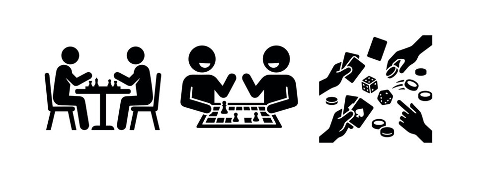 Board games and card games icons. People playing chess, checkers, and various tabletop games. Leisure and entertainment.