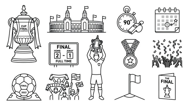 Football cup final victory celebration and championship match day outline icon set collection