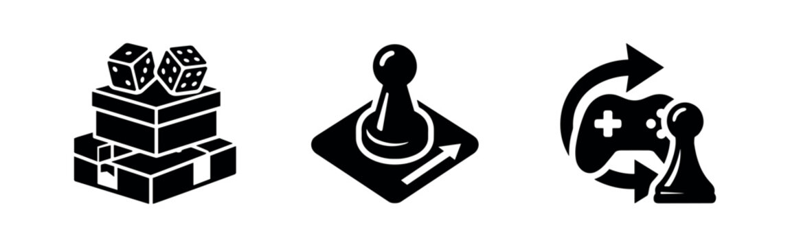Game and gaming icons set. Board games with dice and pawns, plus video game controller symbols.