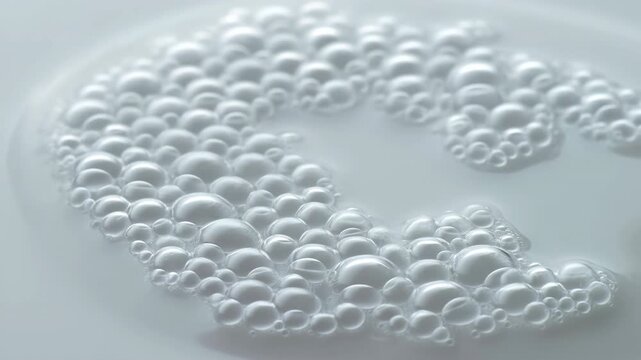 Close-up pouring stream forming circular foam ring on pale surface with glossy bubbles and cool