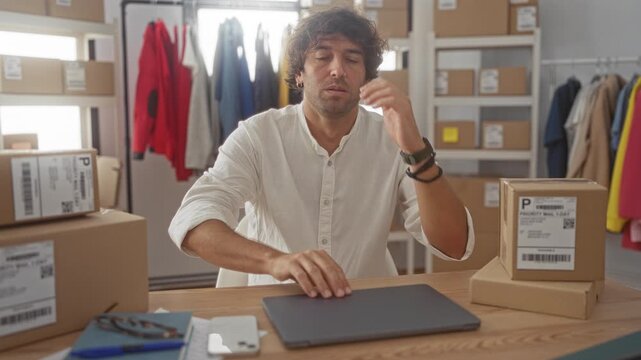 Man covering face with hand beside laptop and shipping boxes in warehouse packing room with clothing racks; stress small business.