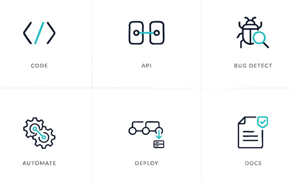 Software development icon set, 6 linear programming symbols for code and API, modern tech automation and bug detect vector graphics for web design