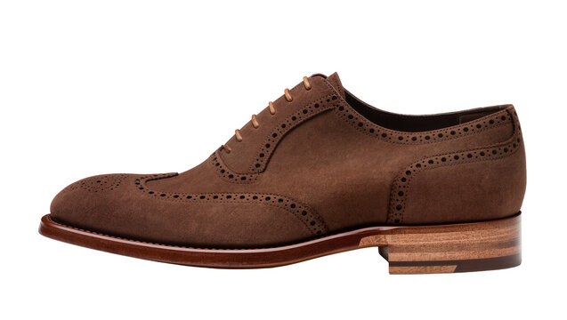 Brown suede wingtip brogue oxford shoe with tan laces, isolated on transparent background