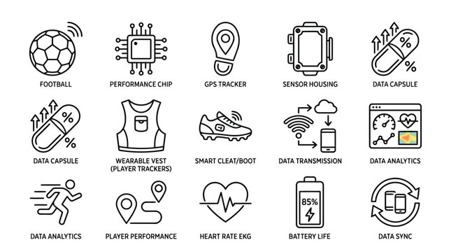 Football player performance tracking technology icons set for wearable sensor and data analytics