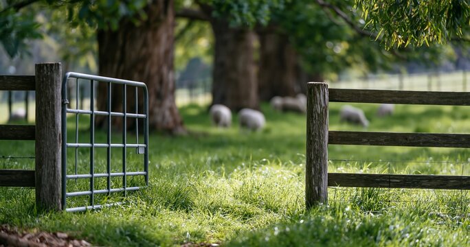 Open metal gate to green pasture with sheep