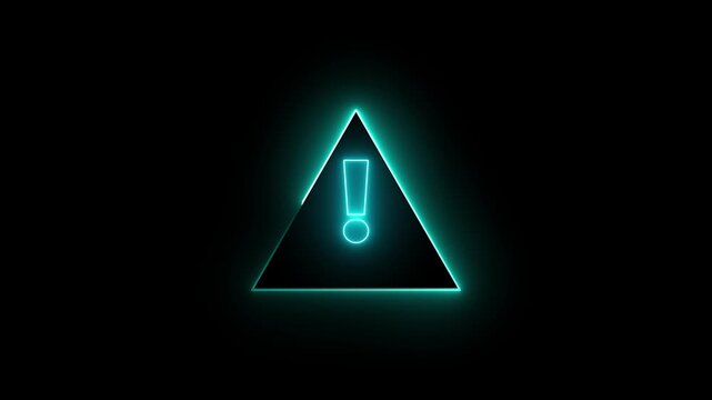 Glowing neon cyan  colour warning icon animation on black background.