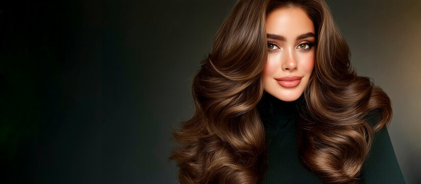 Beautiful Woman with Voluminous Shiny Brown Hair, Perfect Makeup and Elegant Hairstyle on Dark Background