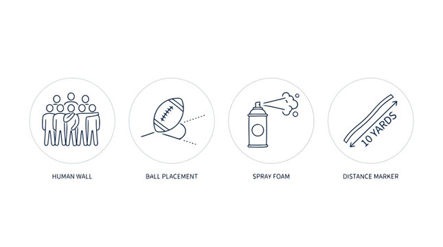 Football set piece and dead ball situation icons including human wall and spray foam markers