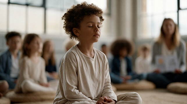 Children seated in a circle on woven mats practicing deep breathing, a teacher holding illustrated calm-down cards, soft industrial loft light filtering through high windows,