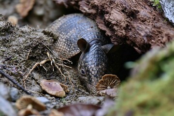 Obraz premium Armadillo Amongst Forest Floor Mushrooms