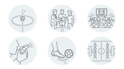 Fototapeta premium Football match kickoff and referee signal outline icons set