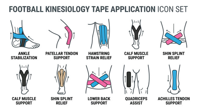 Football kinesiology tape application and injury support icons set