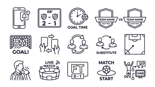 Football match event and live broadcasting timeline icons set for professional sports analysis