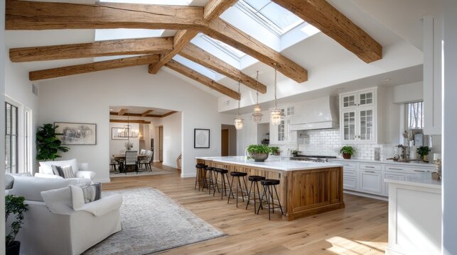 A bright, airy kitchen features wood beams & skylights, flowing into a dining area & living space. Island w/ seating dominates