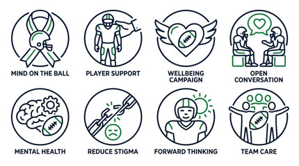 Fototapeta premium Mental health and player wellbeing support icons for sports team culture and mindfulness
