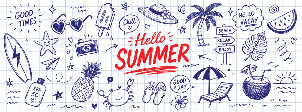 Hand-drawn doodle style illustration with 'Hello Summer' text and various summer vacation elements like a surfboard, sunglasses, beach hat, palm tree, and pineapple on grid paper.