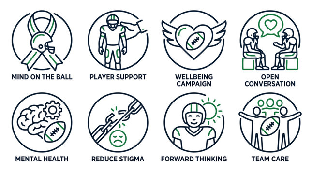 Mental health and player wellbeing support icons for sports team culture and mindfulness