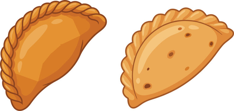 Traditional Fried Curry Puff and Baked Spanish Empanada Vector Set Featuring Golden Crust Savory Dough Pastries for Asian and Latin American Food Branding