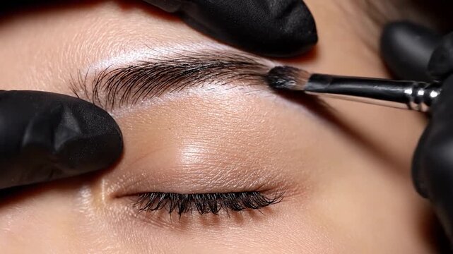 Beautician applying dye to eyebrows with a small brush