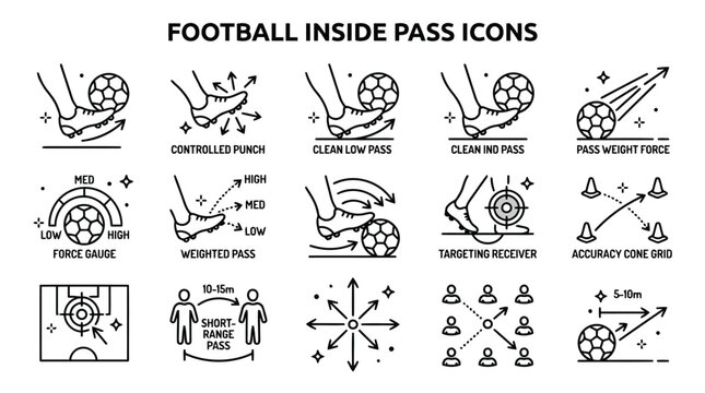 Football inside pass icons demonstrating various kicking techniques and accuracy