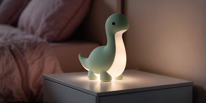 Cute Brontosaurus Dinosaur Silicone Night Light Lamp Glowing Warm on Grey Nightstand in Dark Bedroom Interior No People Product Lifestyle