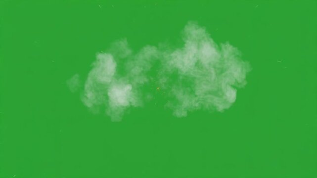 White smoke explosion expanding on a green screen background, realistic vapor cloud puff for visual effects compositing and cinematic video editing projects