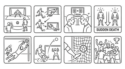 Fototapeta premium Football penalty shootout sequence with various goal attempts and player reactions