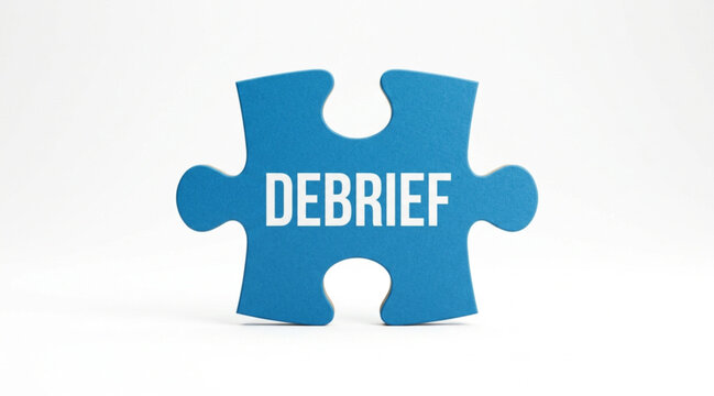 Conceptual image of a missing puzzle piece showing the text 'DEBRIEF' on a blue background.
